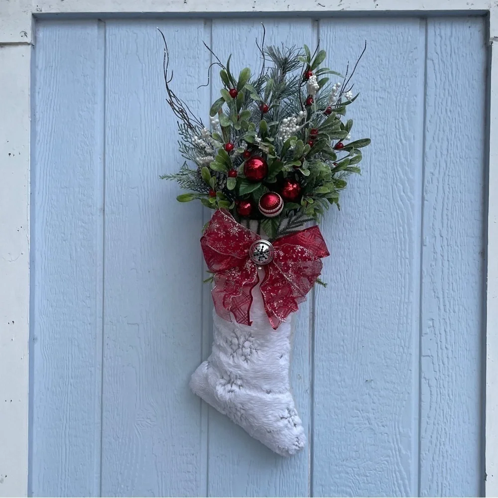 Handmade Christmas holiday door hanger stocking Wreath